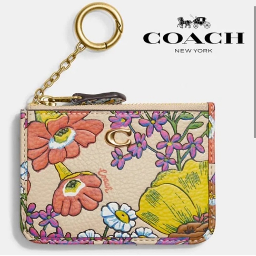 ISO COACH CJ449 ivory/multi color leather flower pattern keychain id wallet